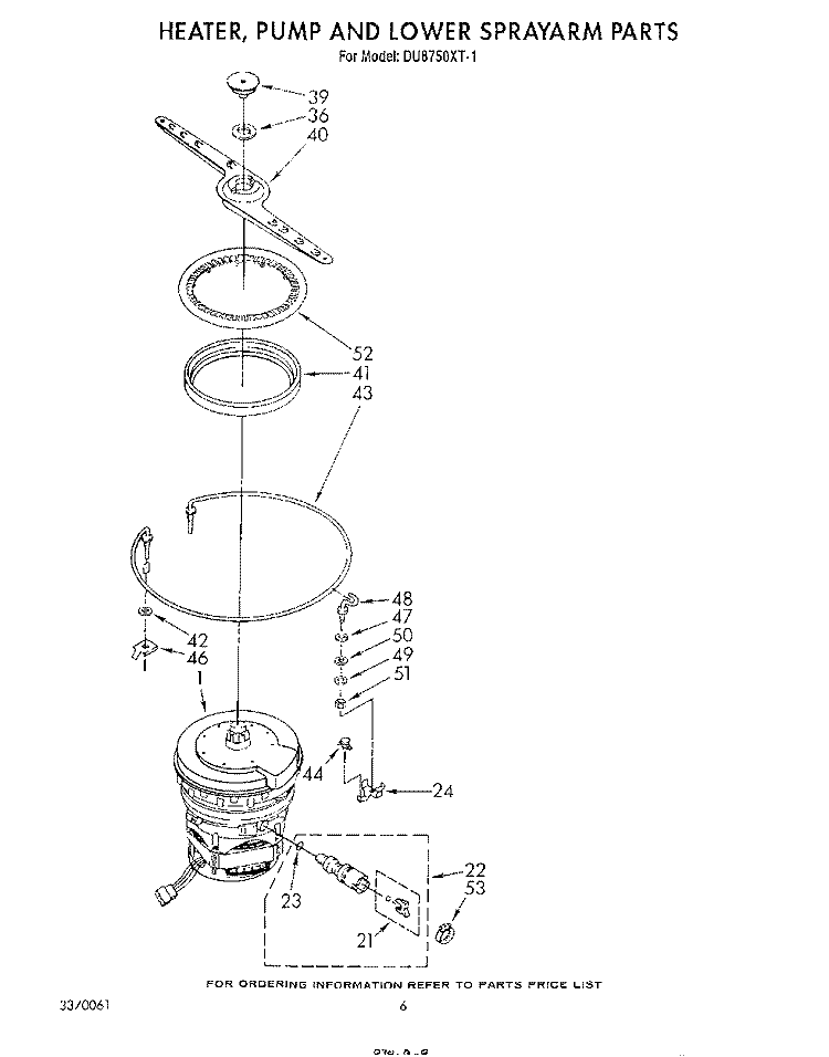 HEATER, PUMP AND LOWER SPRAY ARM Diagram and Parts List for DU8750XT1  Whirlpool Dishwasher