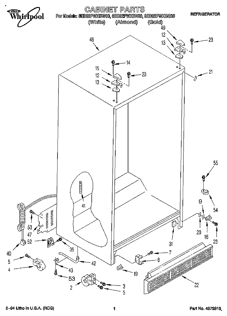 CABINET Diagram and Parts List for 8ED22PWXBG00  Whirlpool Refrigerator