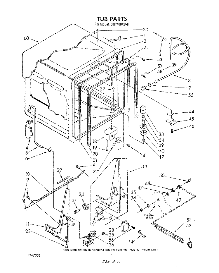 TUB , LIT/OPTIONAL Diagram and Parts List for DU7400XS0  Whirlpool Dishwasher