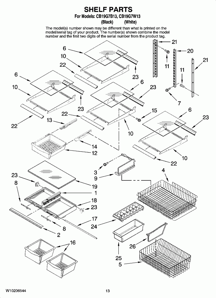 SHELF PARTS, OPTIONAL PARTS Diagram and Parts List for CB19G7W13  Whirlpool Refrigerator