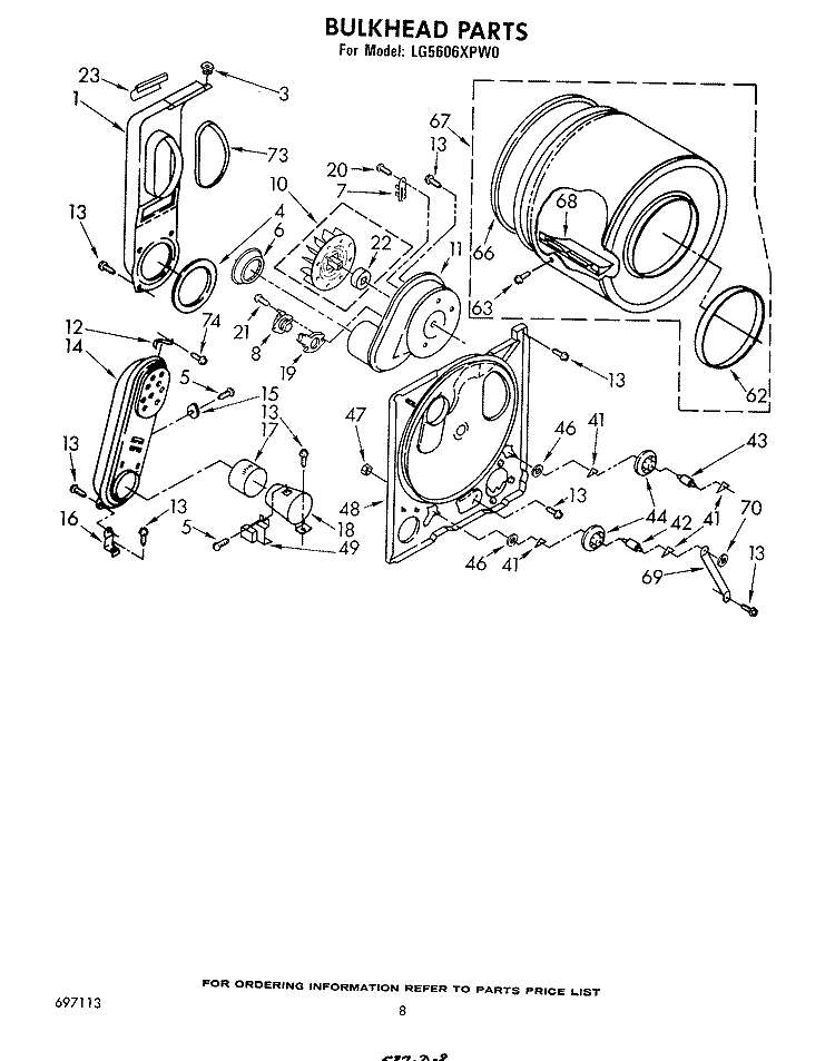 BULKHEAD Diagram and Parts List for LG5606XPW0  Whirlpool Dryer