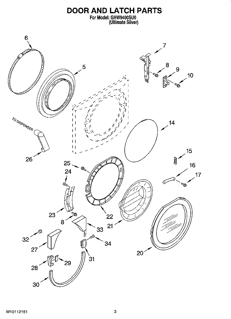 DOOR AND LATCH PARTS Diagram and Parts List for GHW9400SU0  Whirlpool Washer