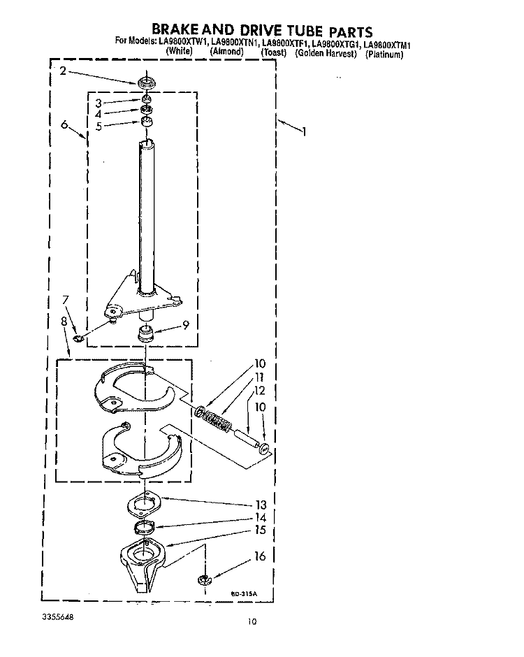 BRAKE AND DRIVE TUBE Diagram and Parts List for LA9800XTW1  Whirlpool Washer