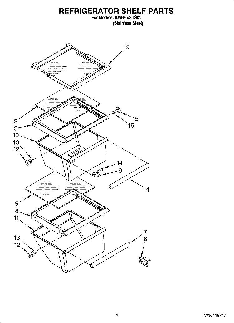 REFRIGERATOR SHELF PARTS Diagram and Parts List for ID5HHEXTS01  Whirlpool Refrigerator