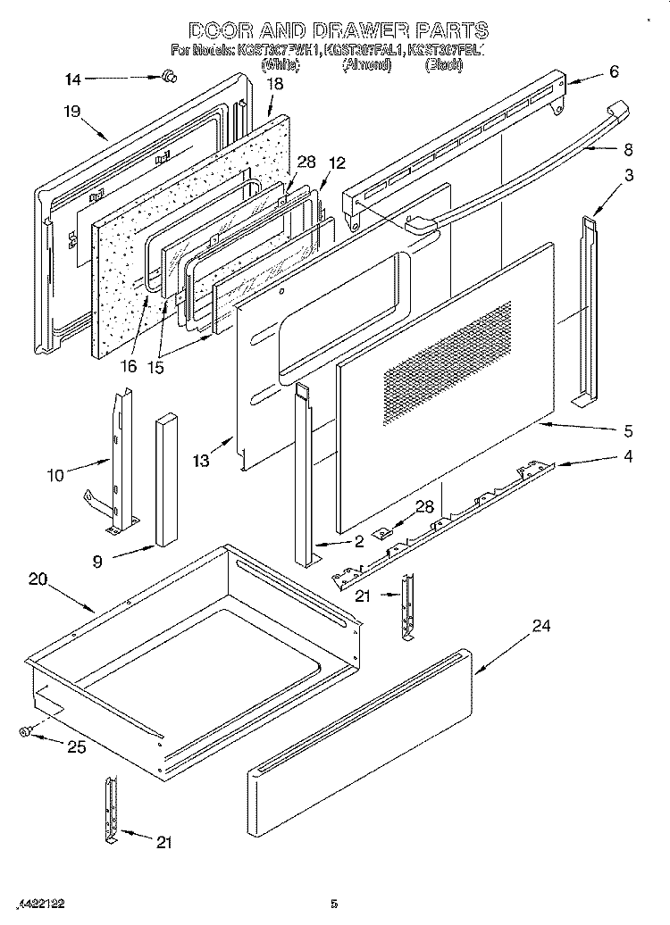 DOOR & DRAWER Diagram and Parts List for KGST307FAL1  KitchenAid Range