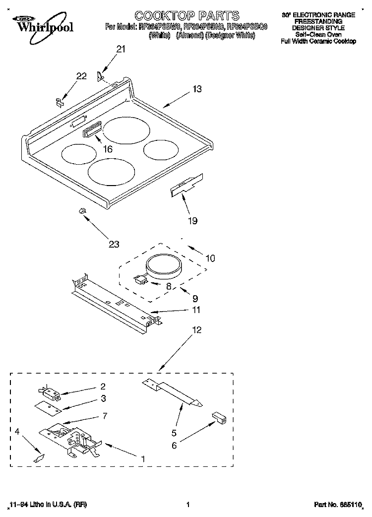 COOKTOP, LITERATURE Diagram and Parts List for RF364PSBN0  Whirlpool Range