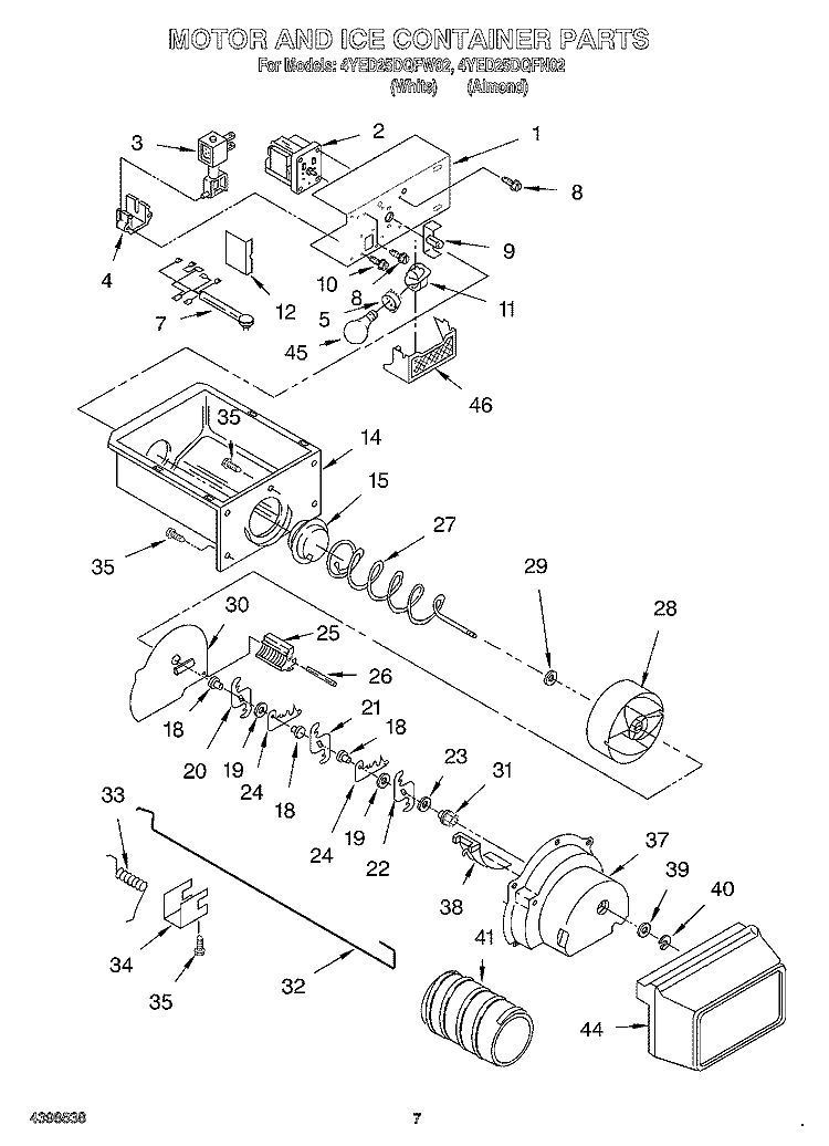 MOTOR AND ICE CONTAINER Diagram and Parts List for 4YED25DQFW02  Whirlpool Refrigerator