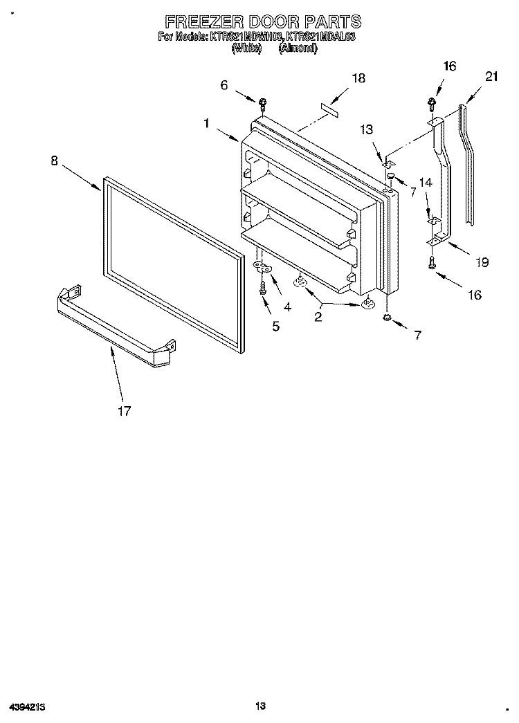FREEZER DOOR, LIT/OPTIONAL Diagram and Parts List for KTRS21MDWH03  KitchenAid Refrigerator