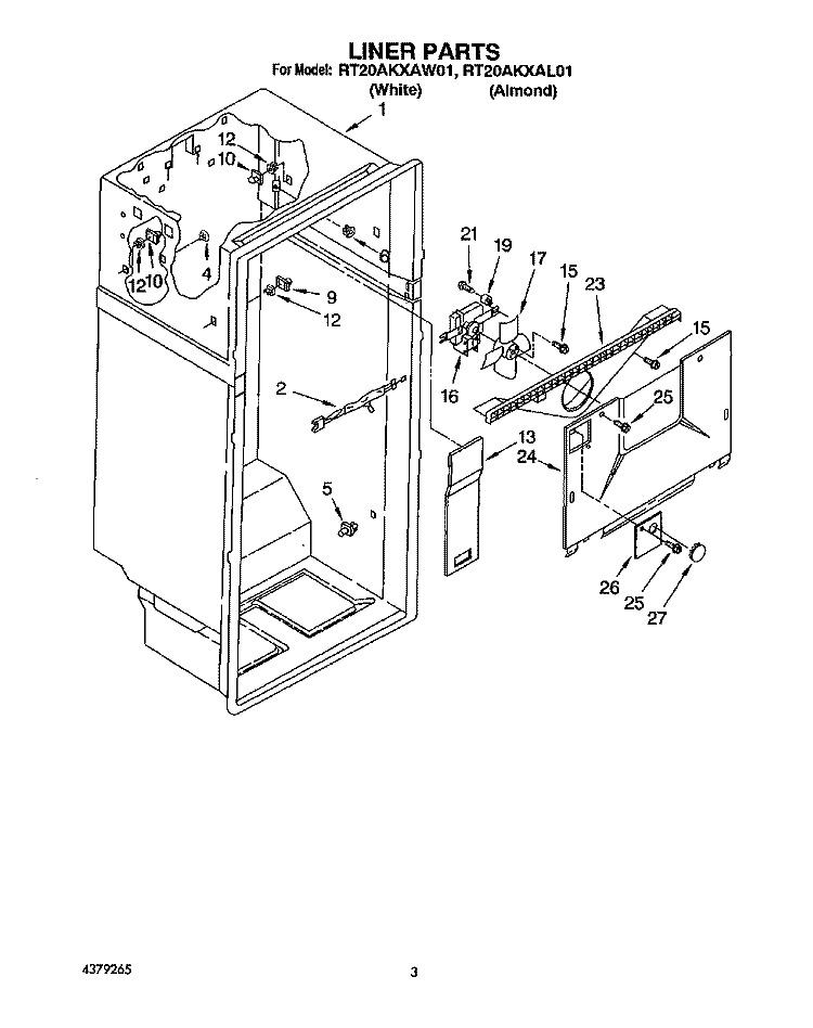 LINER Diagram and Parts List for RT20AKXAW01  Roper Refrigerator
