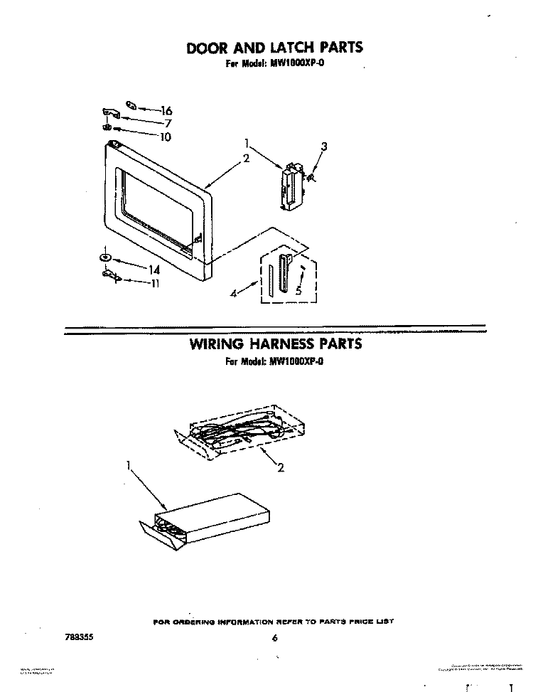 DOOR AND LATCH, WIRING HARNESS Diagram and Parts List for MW1000XP0  Whirlpool Microwave
