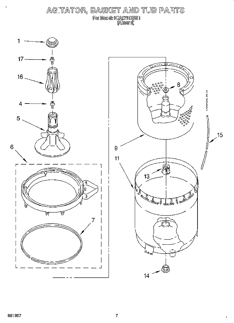 AGITATOR, BASKET AND TUB Diagram and Parts List for 9CA2781XSN1  Whirlpool Washer