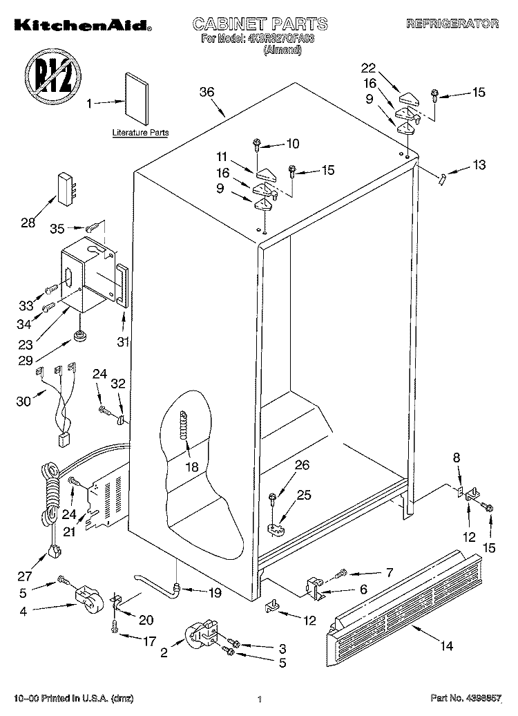 CABINET, LITERATURE Diagram and Parts List for 4KSRS27QFA03  Whirlpool Refrigerator