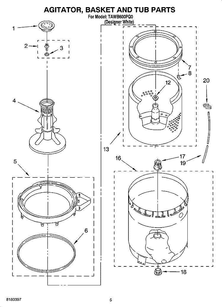 AGITATOR, BASKET AND TUB PARTS Diagram and Parts List for TAWB600PQ0  Estate Washer