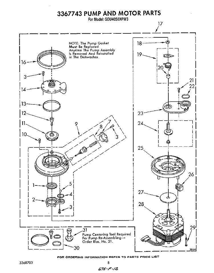 3367743 PUMP AND MOTOR Diagram and Parts List for GDU4050XPW3  Whirlpool Dishwasher