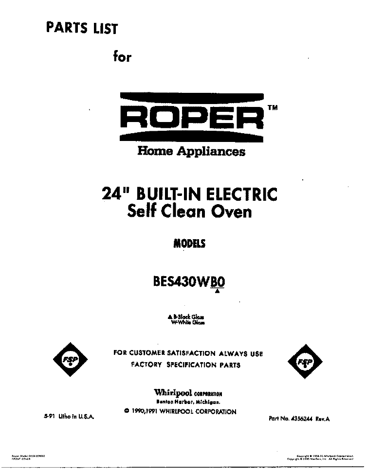 COVER Diagram and Parts List for BES430WW0  Roper Range