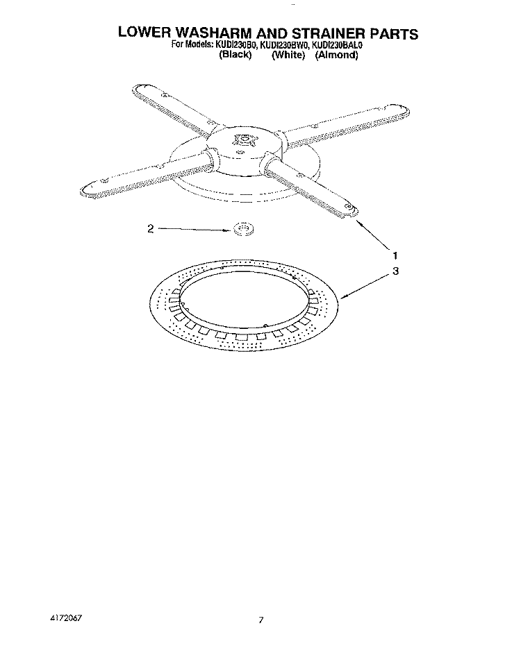 LOWER WASHARM AND STRAINER Diagram and Parts List for KUDI230BWH0  KitchenAid Dishwasher