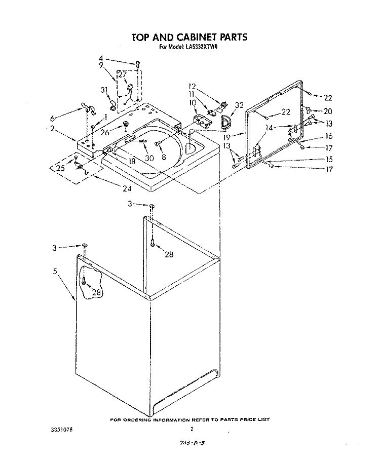 TOP AND CABINET , LITERATURE AND OPTIONAL Diagram and Parts List for LA5330XTW0  Whirlpool Washer