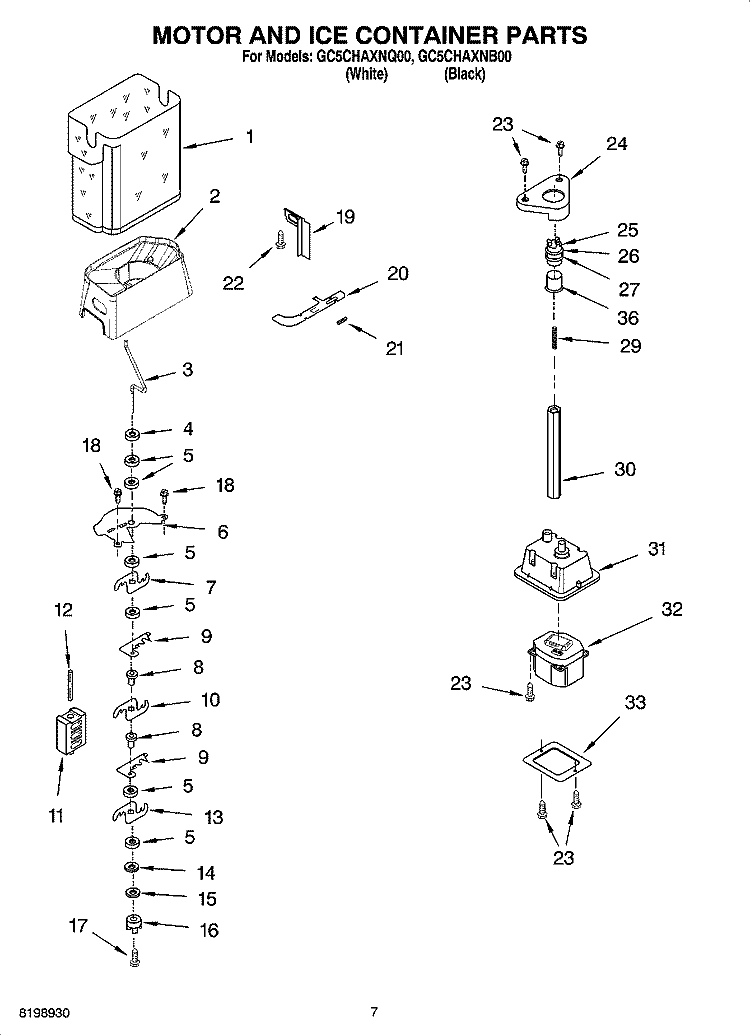 MOTOR AND ICE CONTAINER PARTS Diagram and Parts List for GC5CHAXNB00  Whirlpool Refrigerator