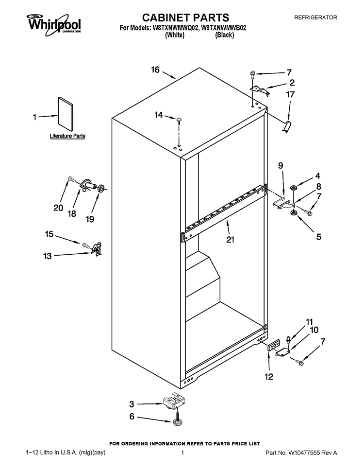 CABINET PARTS Diagram and Parts List for W8TXNWMWQ02  Whirlpool Refrigerator
