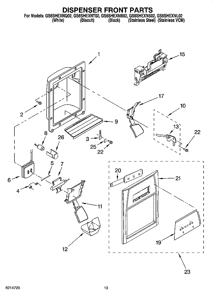 DISPENSER FRONT PARTS Diagram and Parts List for GS6SHEXNQ02  Whirlpool Refrigerator
