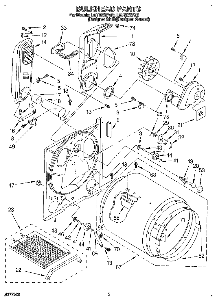 BULKHEAD Diagram and Parts List for LGT8858AQ0  Whirlpool Dryer