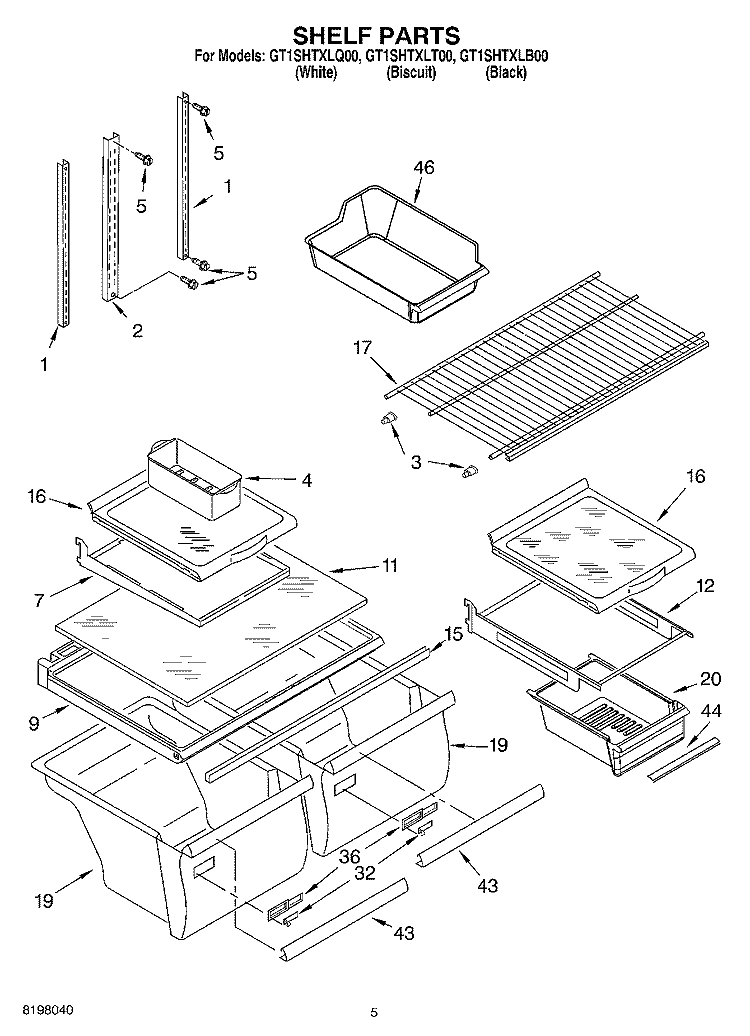 SHELF Diagram and Parts List for GT1SHTXLT00  Whirlpool Refrigerator