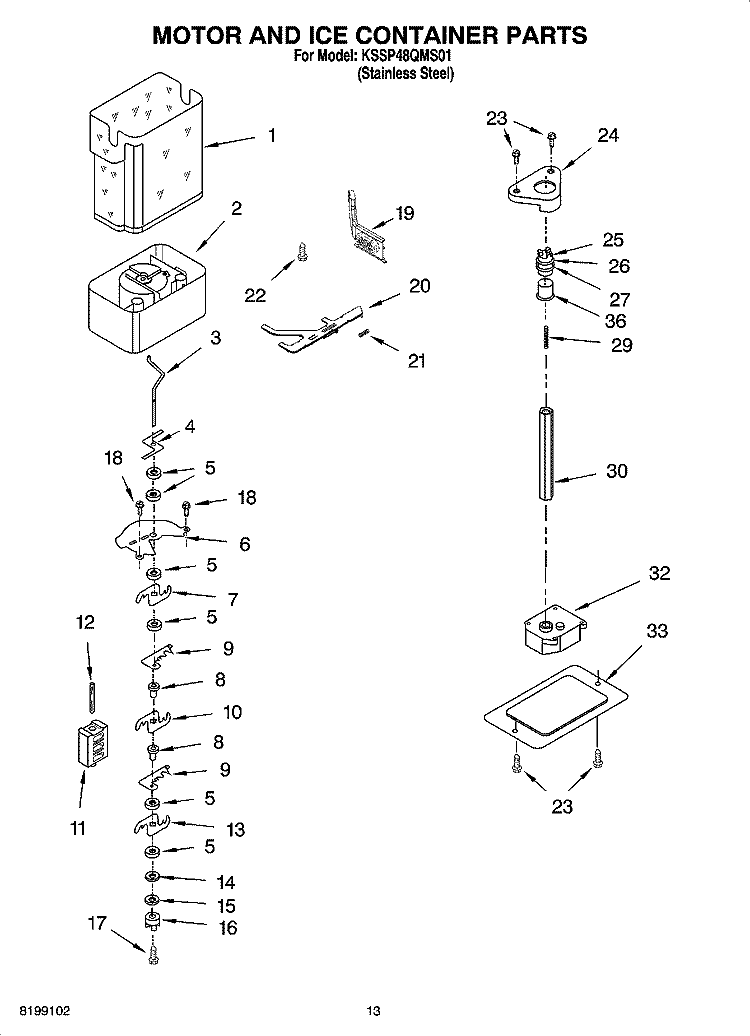MOTOR AND ICE CONTAINER PARTS Diagram and Parts List for KSSP48QMS01  KitchenAid Refrigerator