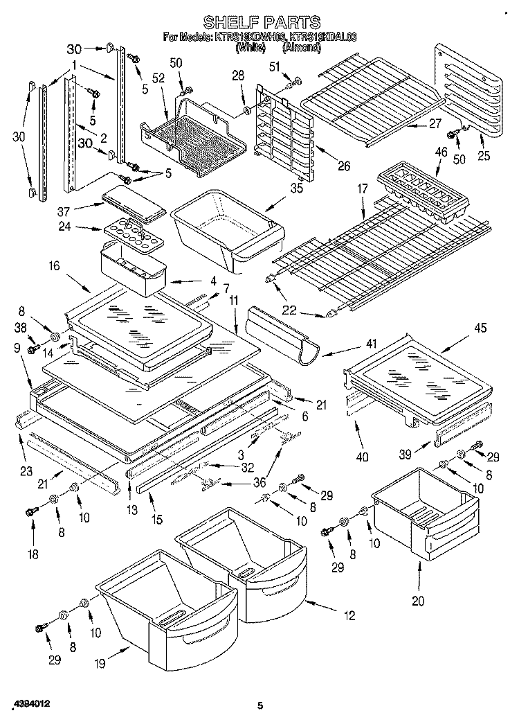 SHELF Diagram and Parts List for KTRS19KDWH03  KitchenAid Refrigerator