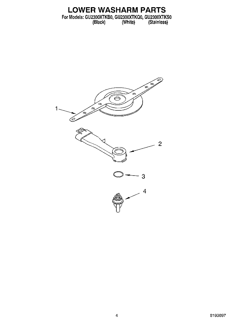 LOWER WASHARM Diagram and Parts List for GU2300XTKQ0  Whirlpool Dishwasher