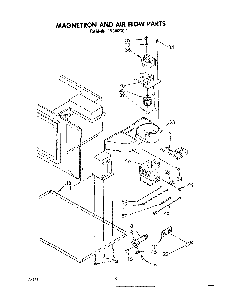 MAGNETRON AND AIRFLOW Diagram and Parts List for RM288PXS9  Whirlpool Microwave Oven Combo