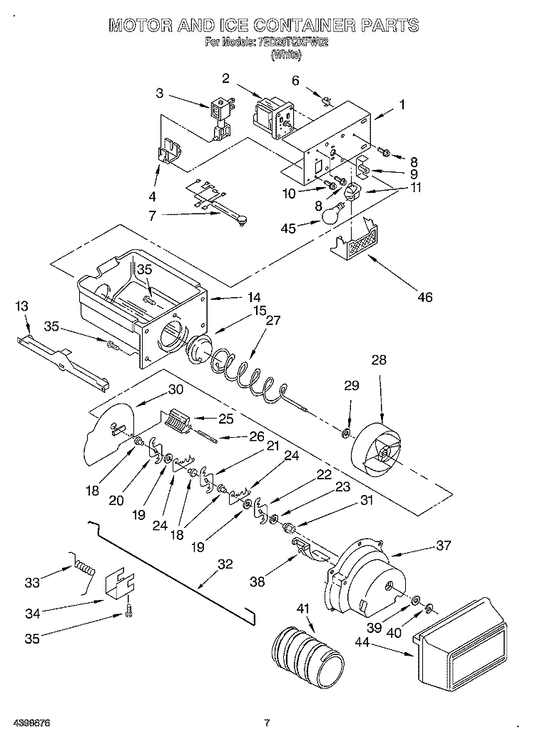 MOTOR AND ICE CONTAINER Diagram and Parts List for 7ED20TQXFW02  Whirlpool Refrigerator