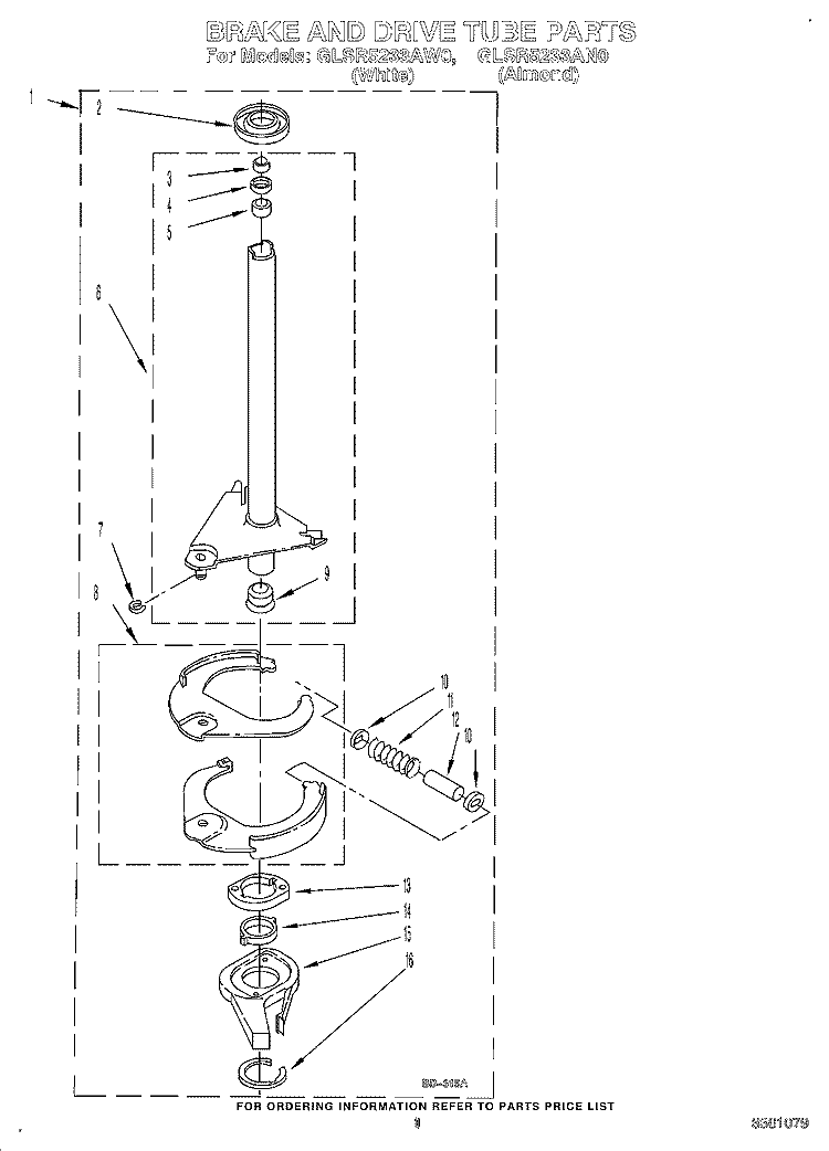 BRAKE AND DRIVE TUBE Diagram and Parts List for GLSR5233AW0  Whirlpool Washer