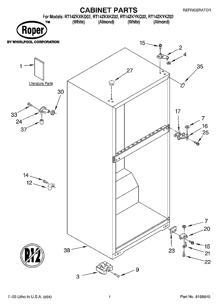 CABINET PARTS Diagram and Parts List for RT14ZKYKZ02  Roper Refrigerator