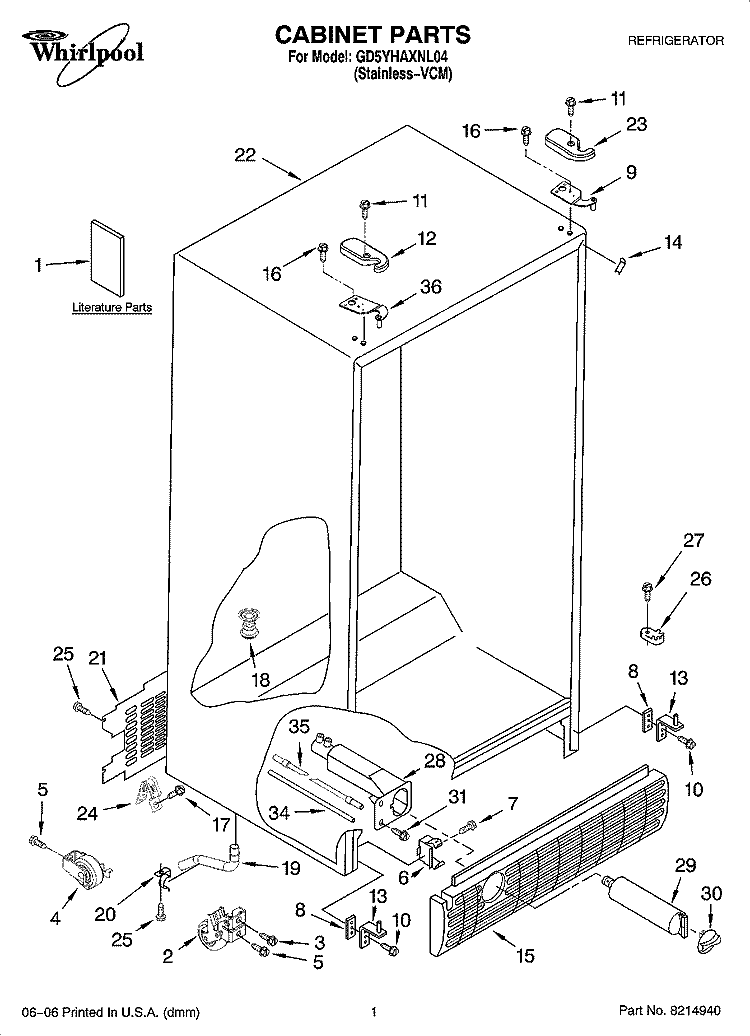 CABINET PARTS Diagram and Parts List for GD5YHAXNL04  Whirlpool Refrigerator