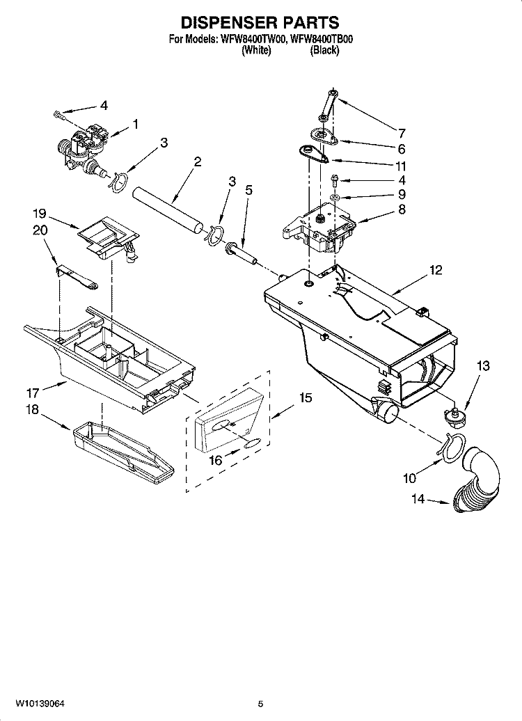 DISPENSER PARTS Diagram and Parts List for WFW8400TB00  Whirlpool Washer