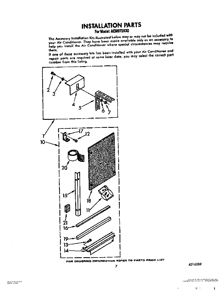 INSTALLATION Diagram and Parts List for ACM072XX0  Whirlpool Air Conditioner