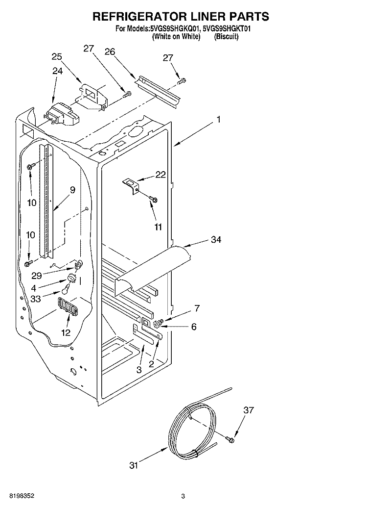 REFRIGERATOR LINER Diagram and Parts List for 5VGS9SHGKQ01  Whirlpool Refrigerator