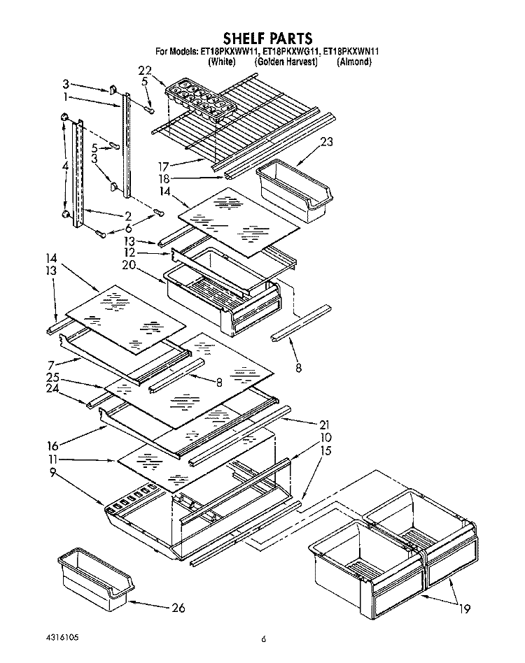 SHELF Diagram and Parts List for ET18PKXWG11  Whirlpool Refrigerator
