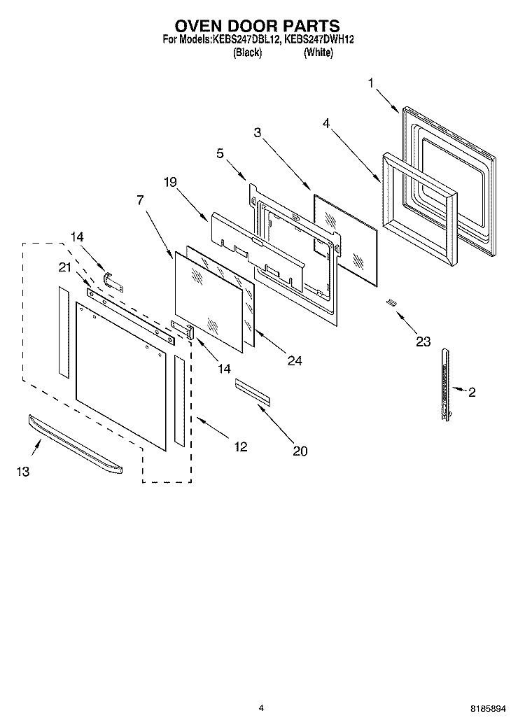 OVEN DOOR Diagram and Parts List for KEBS247DBL12  KitchenAid Wall Oven