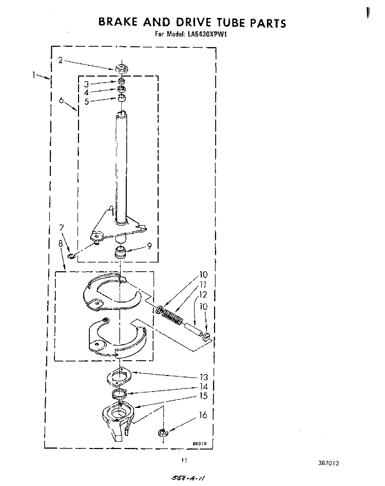 BRAKE AND DRIVE TUBE Diagram and Parts List for LA5430XPW1  Whirlpool Washer