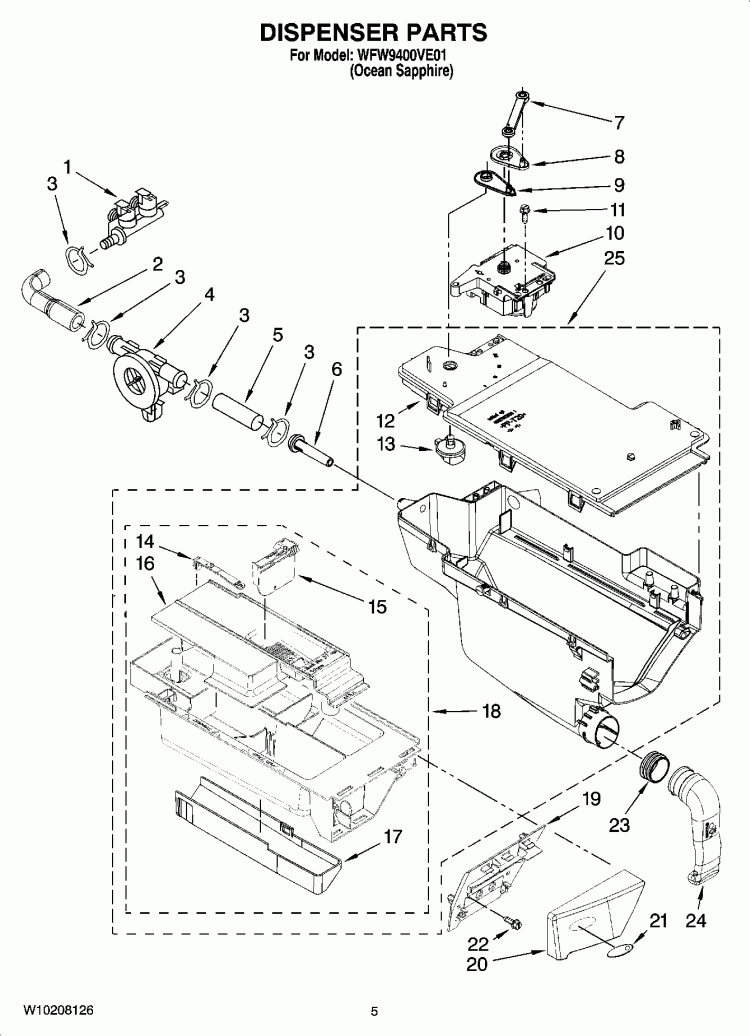 DISPENSER PARTS Diagram and Parts List for WFW9400VE01  Whirlpool Washer