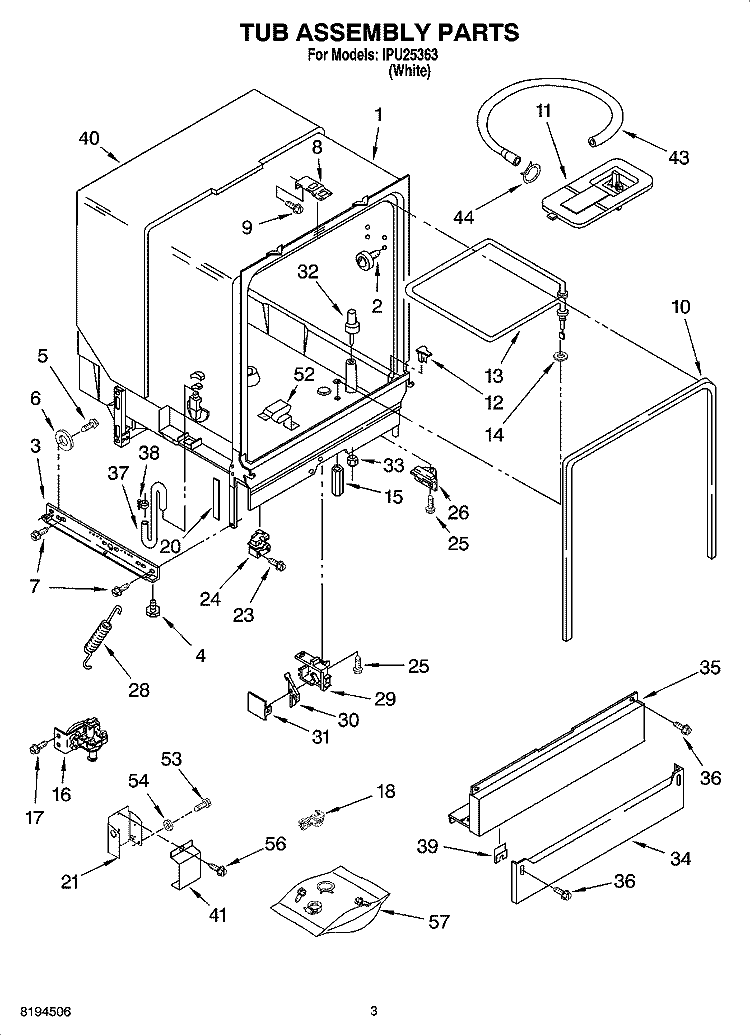 TUB ASSEMBLY PARTS Diagram and Parts List for IPU25363  Inglis Dishwasher