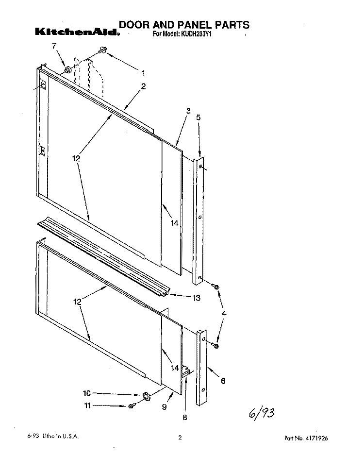 DOOR AND PANEL Diagram and Parts List for KUDH230Y1  KitchenAid Dishwasher