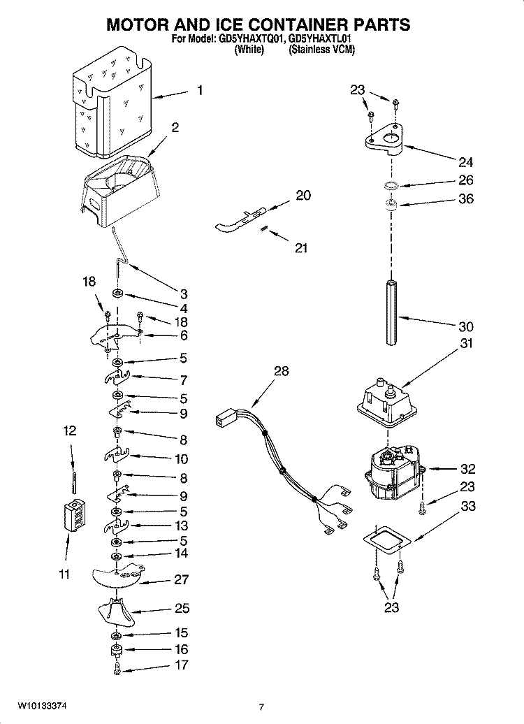 MOTOR AND ICE CONTAINER PARTS Diagram and Parts List for GD5YHAXTQ01  Whirlpool Refrigerator