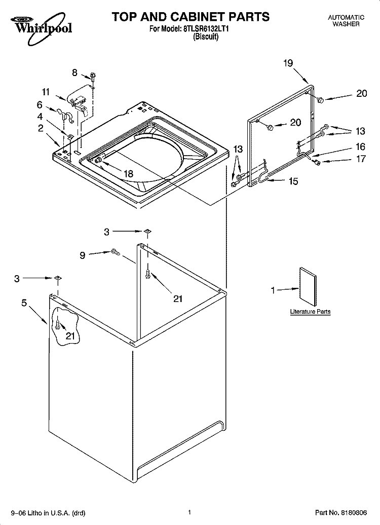 TOP AND CABINET PARTS Diagram and Parts List for 8TLSR6132LT1  Whirlpool Washer