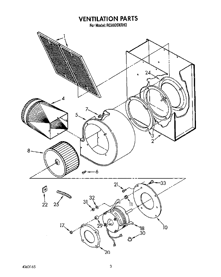 VENTILATION Diagram and Parts List for RC8920XRH3  Whirlpool Cooktop