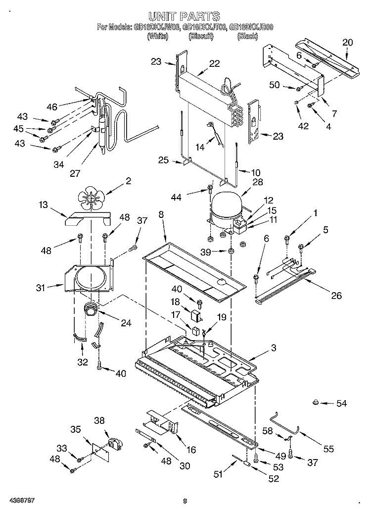 UNIT Diagram and Parts List for GB18DKXJW00  Whirlpool Refrigerator