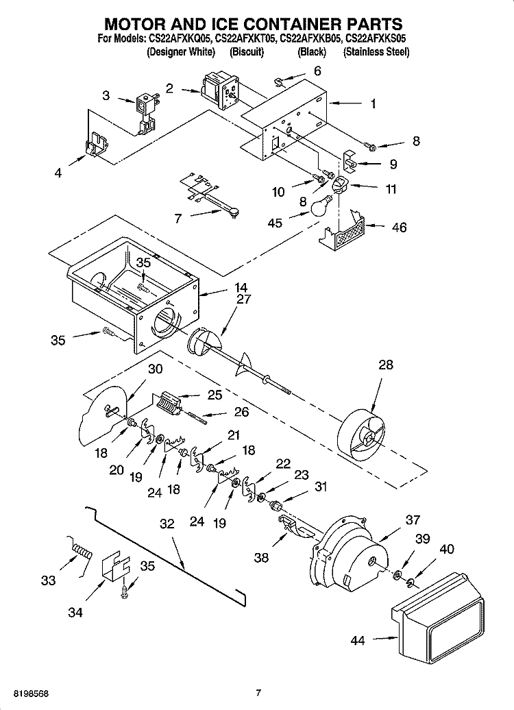 MOTOR AND ICE CONTAINER PARTS Diagram and Parts List for CS22AFXKQ05  Crosley Refrigerator