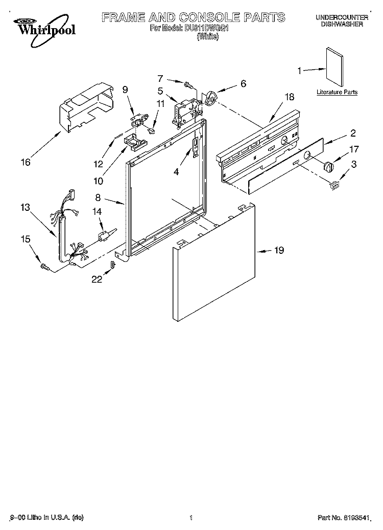 FRAME & CONSOLE, LITERATURE Diagram and Parts List for DU811DWGQ1  Whirlpool Dishwasher
