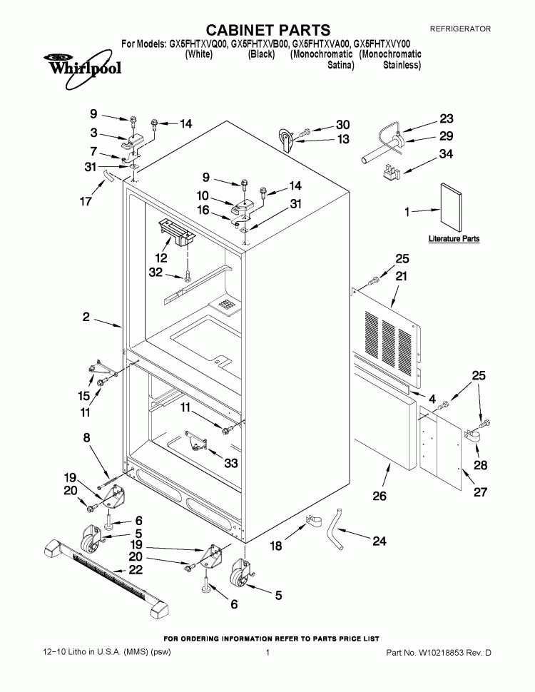 CABINET PARTS Diagram and Parts List for GX5FHTXVB00  Whirlpool Refrigerator
